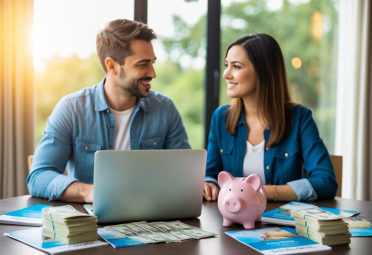 A couple sits at a table surrounded by travel brochures and a laptop, discussing honeymoon funding options. A piggy bank and a stack of bills are on the table