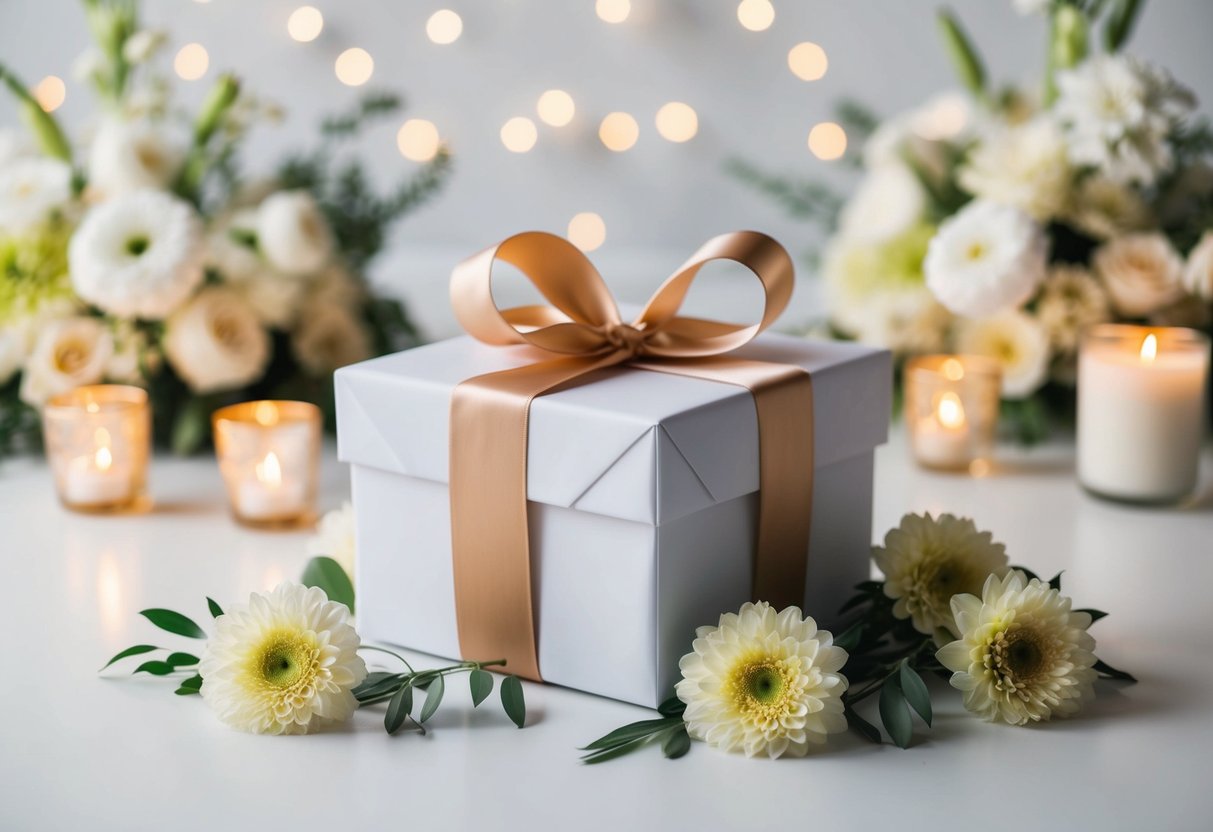 A beautifully wrapped gift box with a ribbon, surrounded by elegant wedding decor and flowers