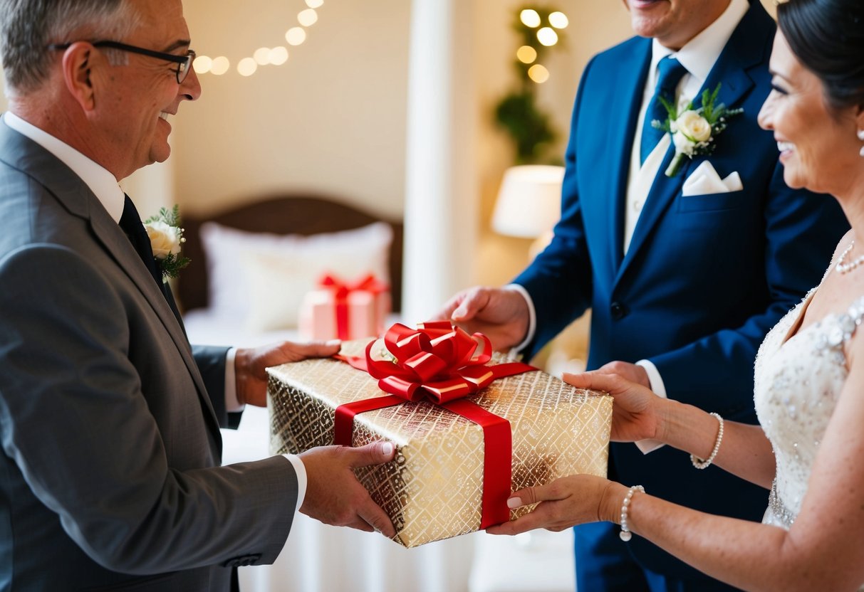 The groom's parents present a beautifully wrapped gift to the bride's parents, symbolizing their gratitude and goodwill