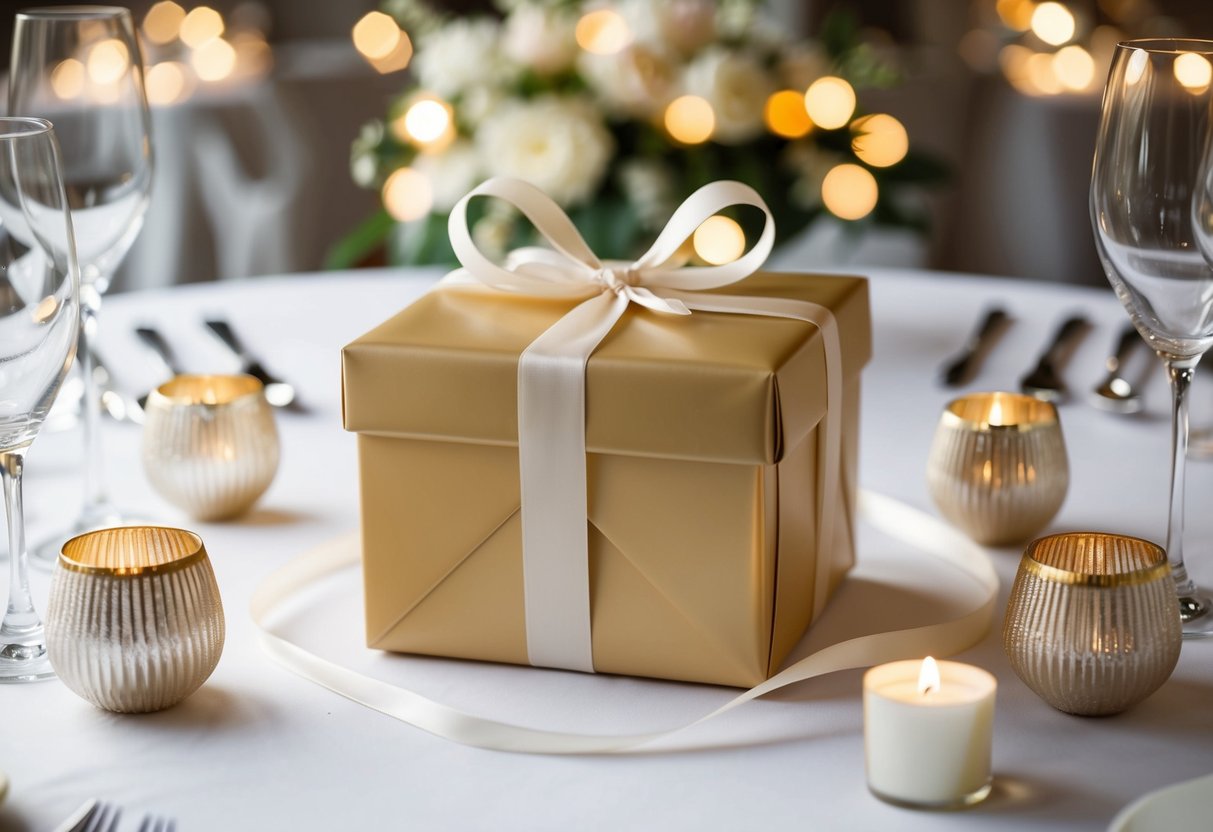 A beautifully wrapped gift box with a ribbon and bow sitting on a table surrounded by elegant wedding decor