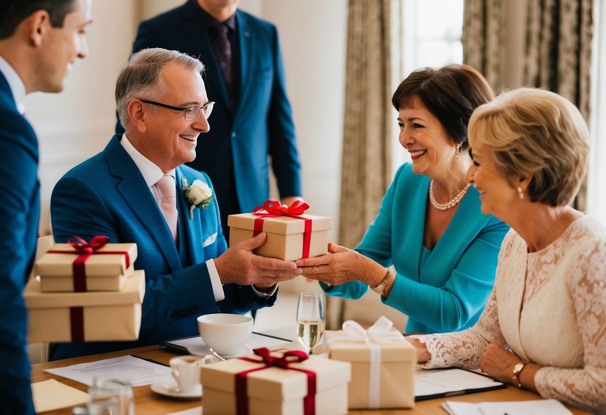 The groom's parents and the bride's parents exchange gifts during a wedding planning meeting