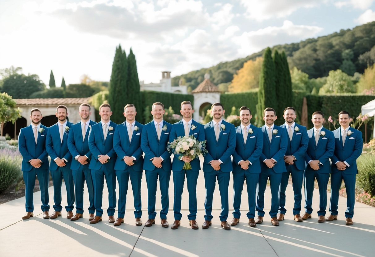 A group of 12 groomsmen standing in a line, wearing matching suits and holding bouquets, surrounded by a picturesque outdoor wedding venue