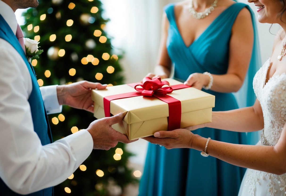The groom's parents present a beautifully wrapped gift to the bride's parents, symbolizing the exchange and unity of families in the tradition of gift-giving