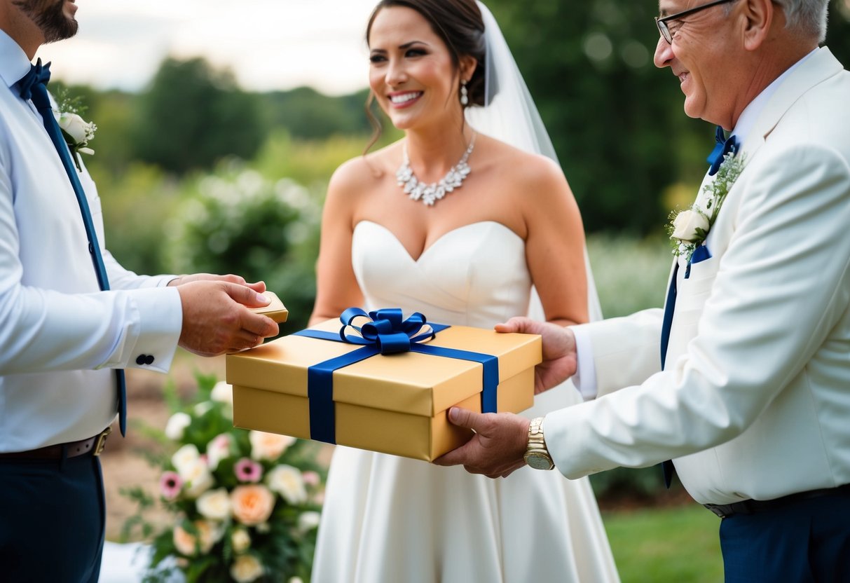 The groom's parents present a gift to the bride's parents, symbolizing their gratitude and respect after the wedding ceremony