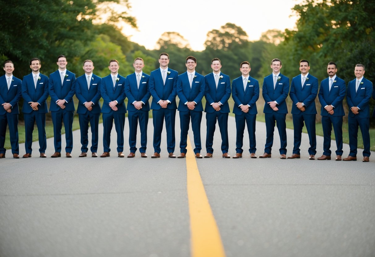 A group of 12 groomsmen standing in a line, each wearing a matching suit and tie, with varying heights and hairstyles, creating a visually dynamic composition