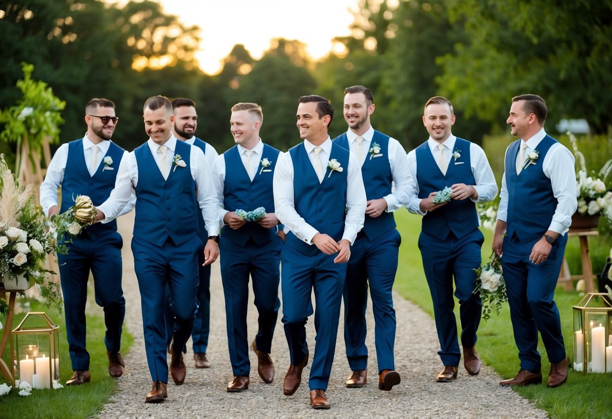 A group of 12 groomsmen participating in pre-wedding activities, such as helping with decorations and organizing the venue