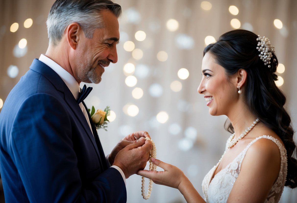 A father presents a delicate pearl necklace to his daughter on her wedding day