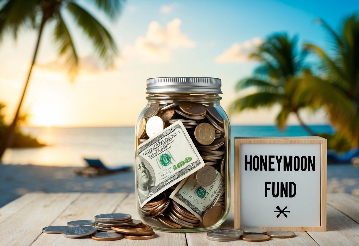 A clear glass jar filled with coins and bills, surrounded by tropical beach scenery and a sign reading "Honeymoon Fund."