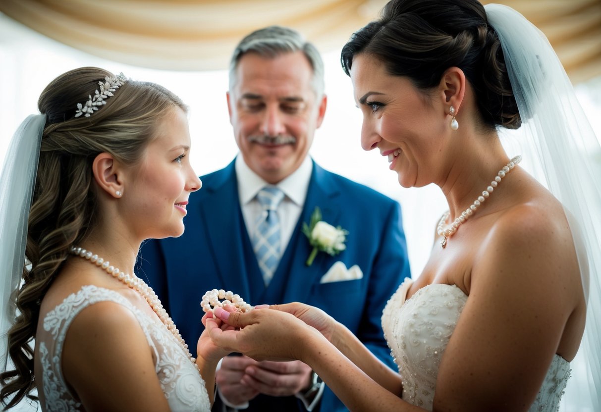 A father presents his daughter with a delicate pearl necklace on her wedding day, symbolizing their bond and love
