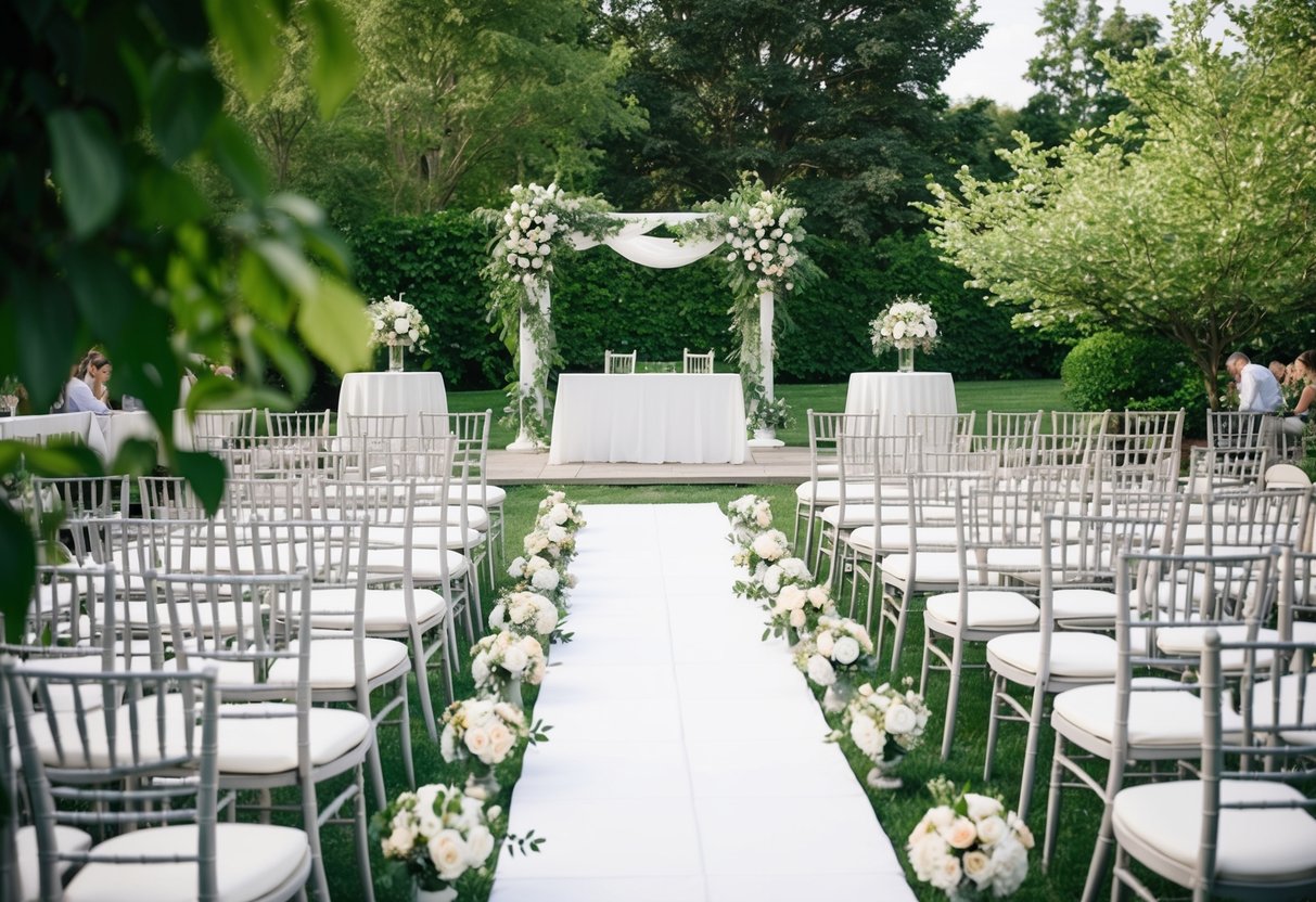 A large outdoor wedding with rows of chairs and a decorated altar, surrounded by lush greenery and blooming flowers