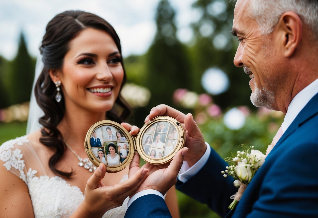 A father presents his daughter with a vintage locket on her wedding day, filled with cherished family photos