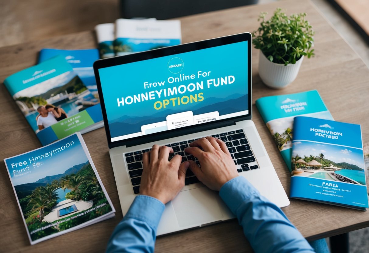 A couple browsing online for free honeymoon fund options, surrounded by travel brochures and a laptop
