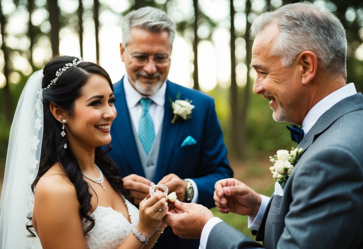 A father presents his daughter with a personalized piece of jewelry on her wedding day