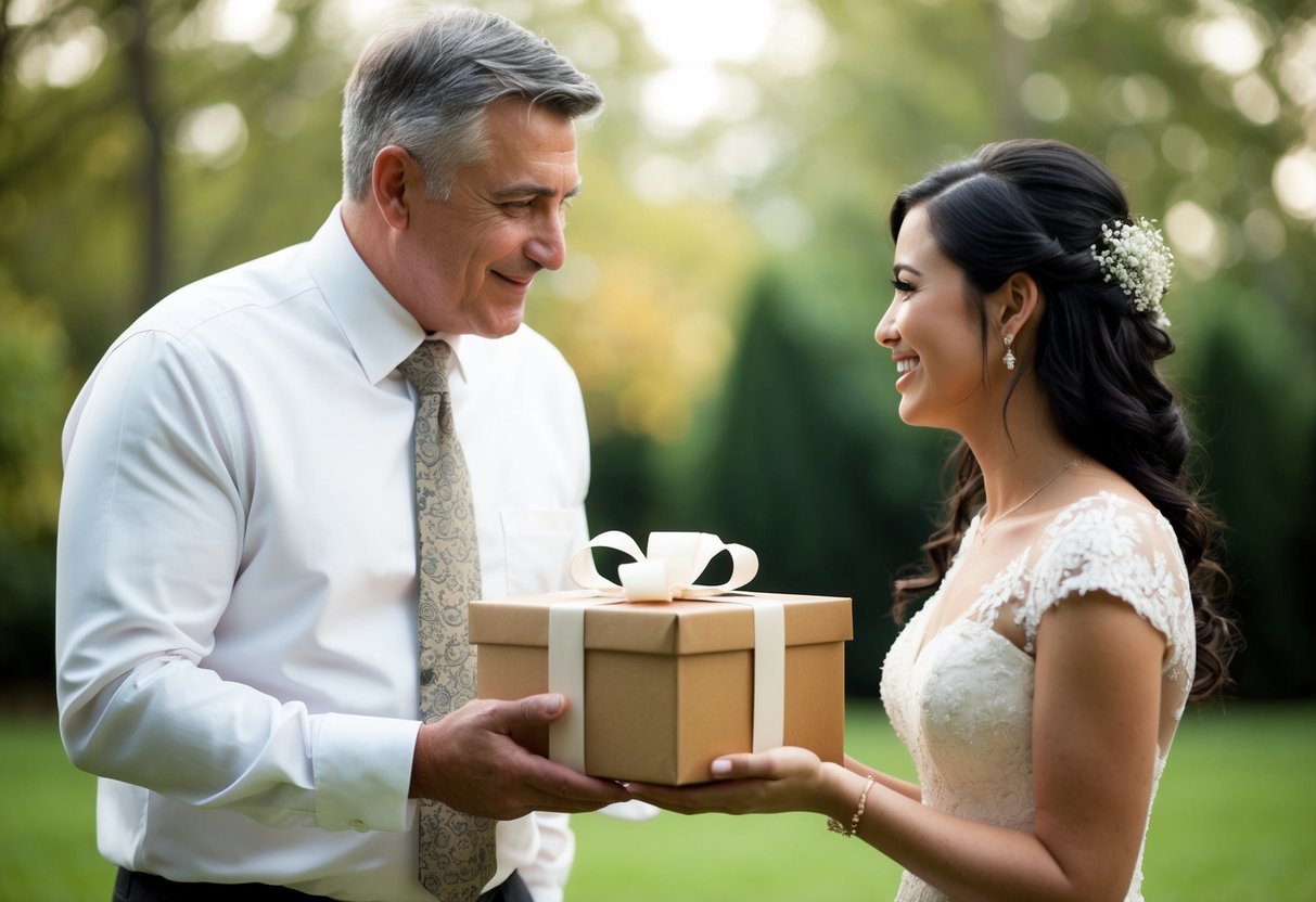 A father presenting a wrapped gift box to his daughter on her wedding day