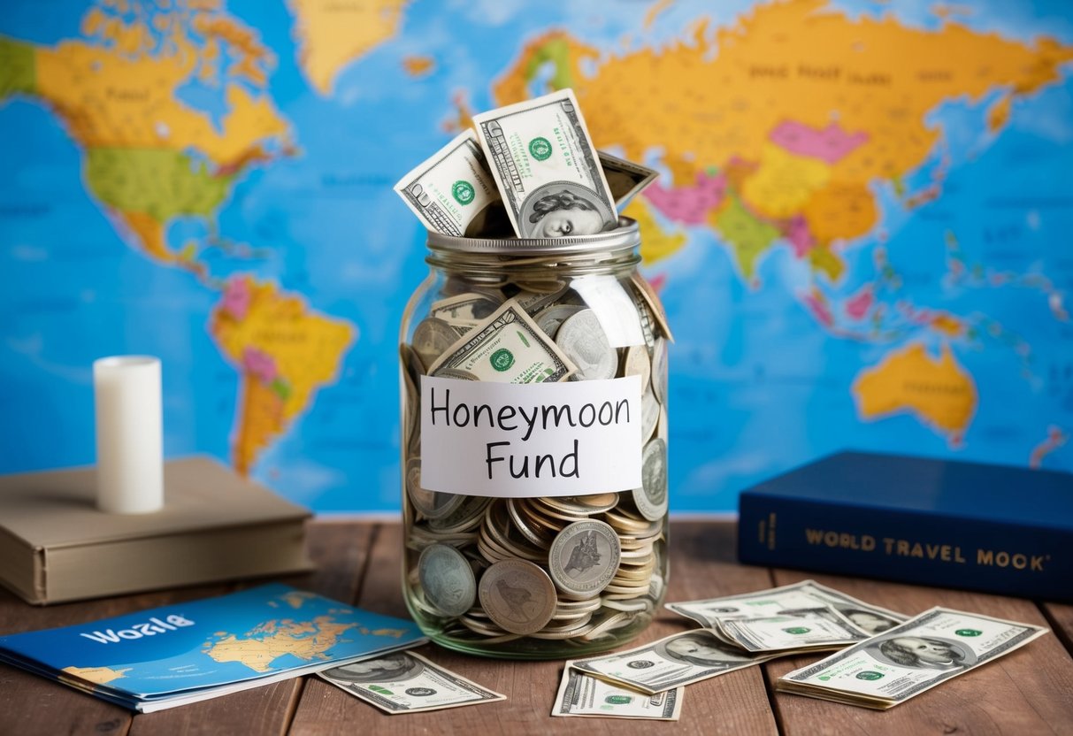 A couple's honeymoon fund jar overflowing with money and surrounded by travel brochures and a world map