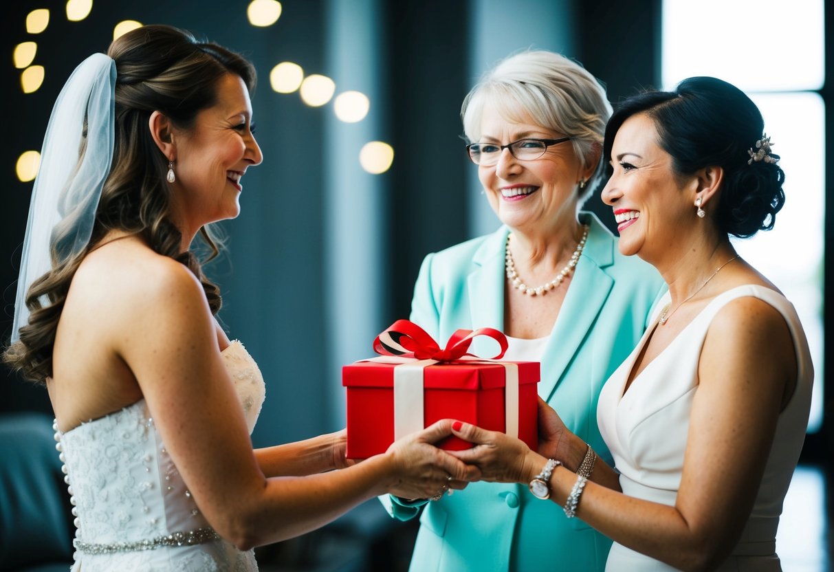 A bride hands a gift to her mother, who is smiling gratefully
