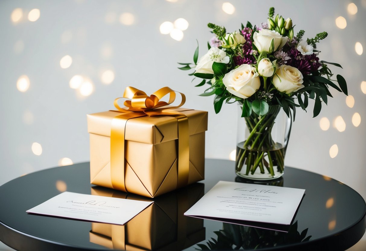A beautifully wrapped gift sitting on a table next to a wedding invitation and a bouquet of flowers