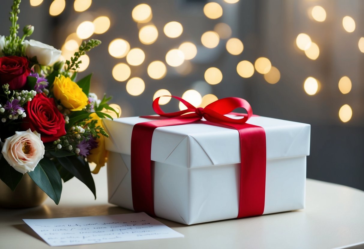 A wrapped gift box with a ribbon sits on a table next to a bouquet of flowers and a handwritten note