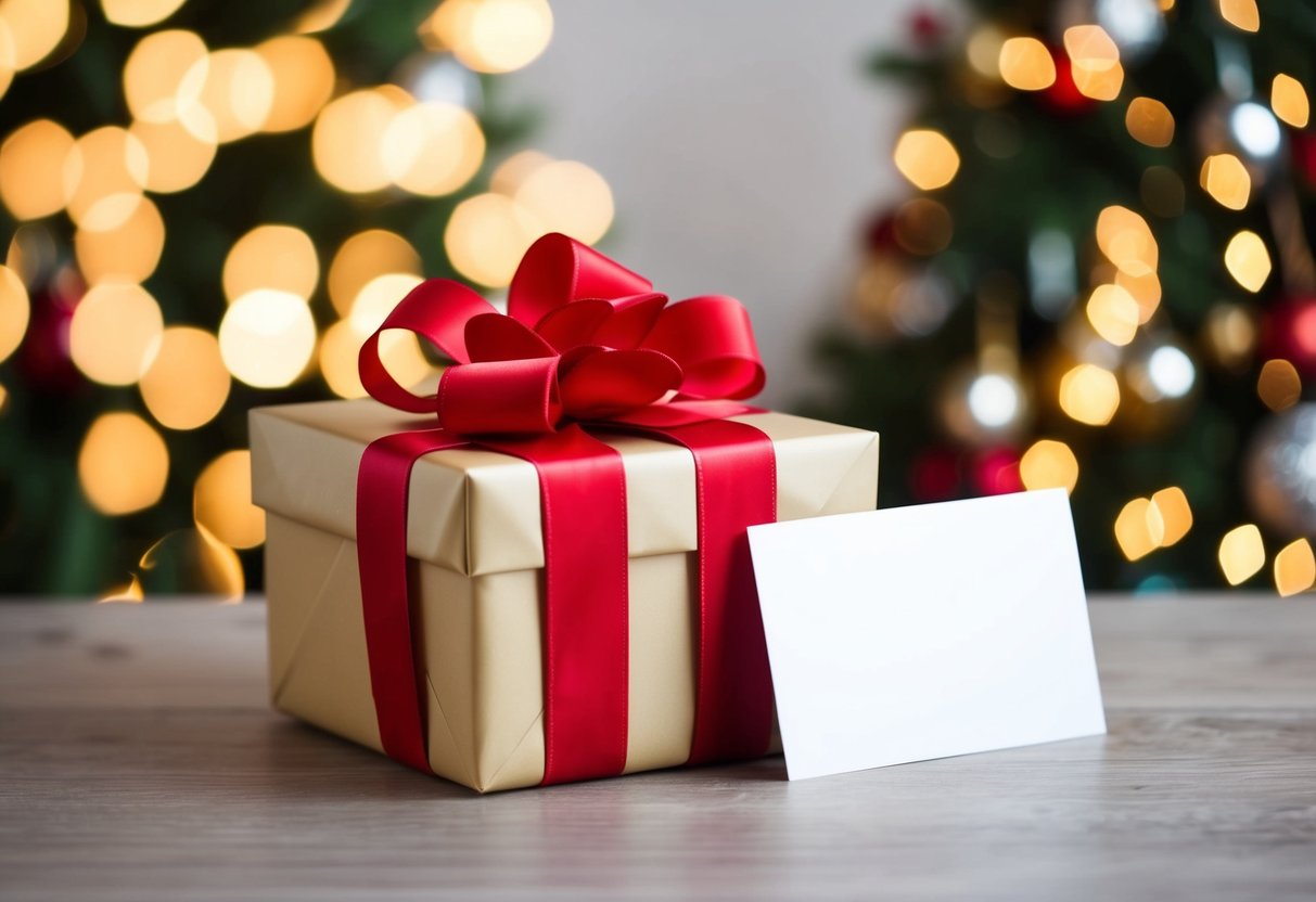 A beautifully wrapped gift box with a decorative bow and a personalized card attached