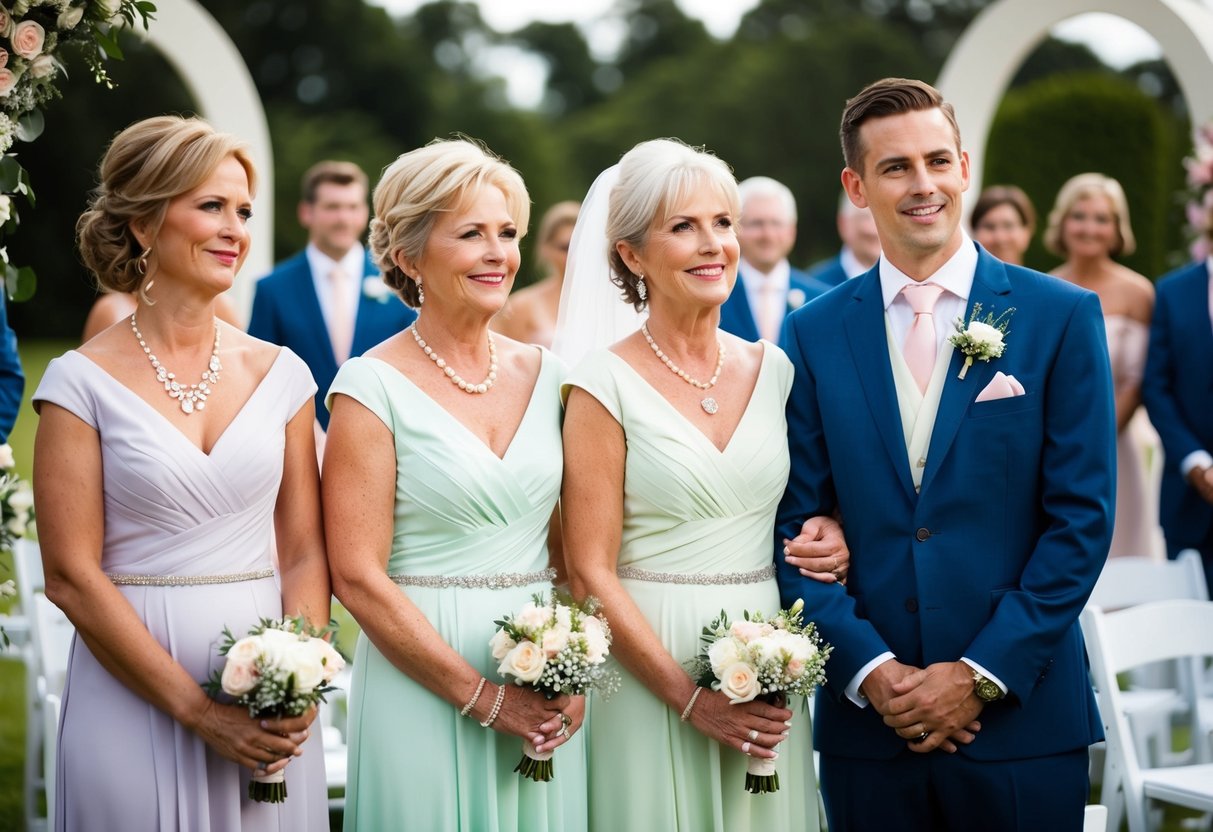 The mother of the bride and groom stand side by side, wearing matching pastel dresses, looking proudly at the wedding ceremony