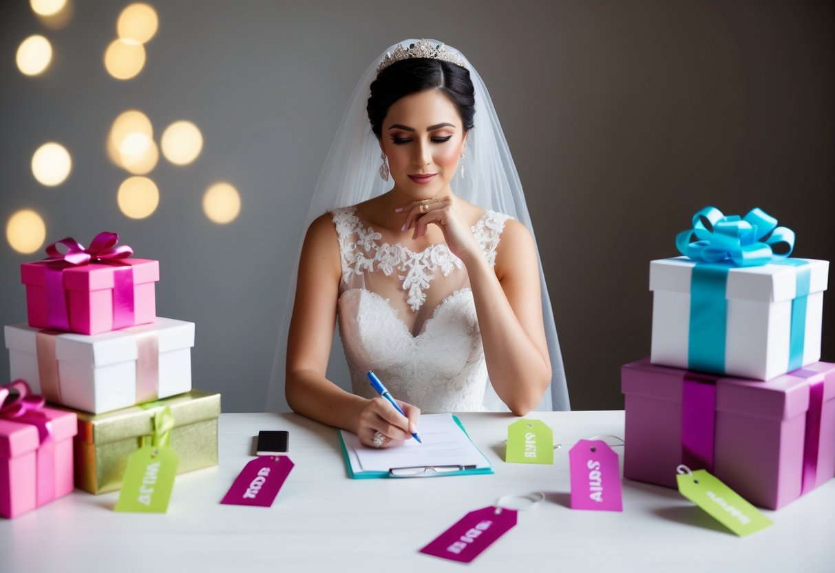 A bride sits at a table with a pen and paper, surrounded by various gift options and price tags. She looks contemplative as she considers her budget for bridesmaid gifts