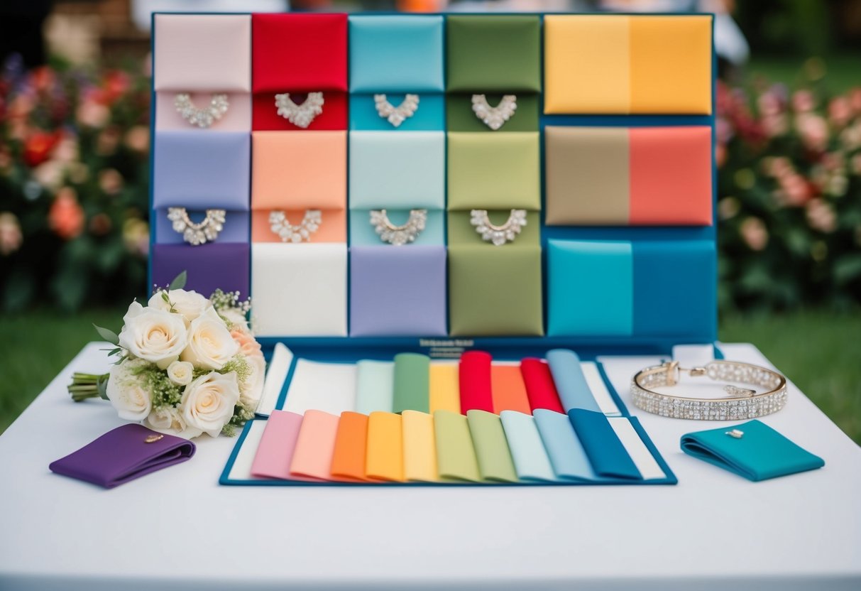 A palette of complementary colors displayed with matching accessories for the mother of the bride and groom