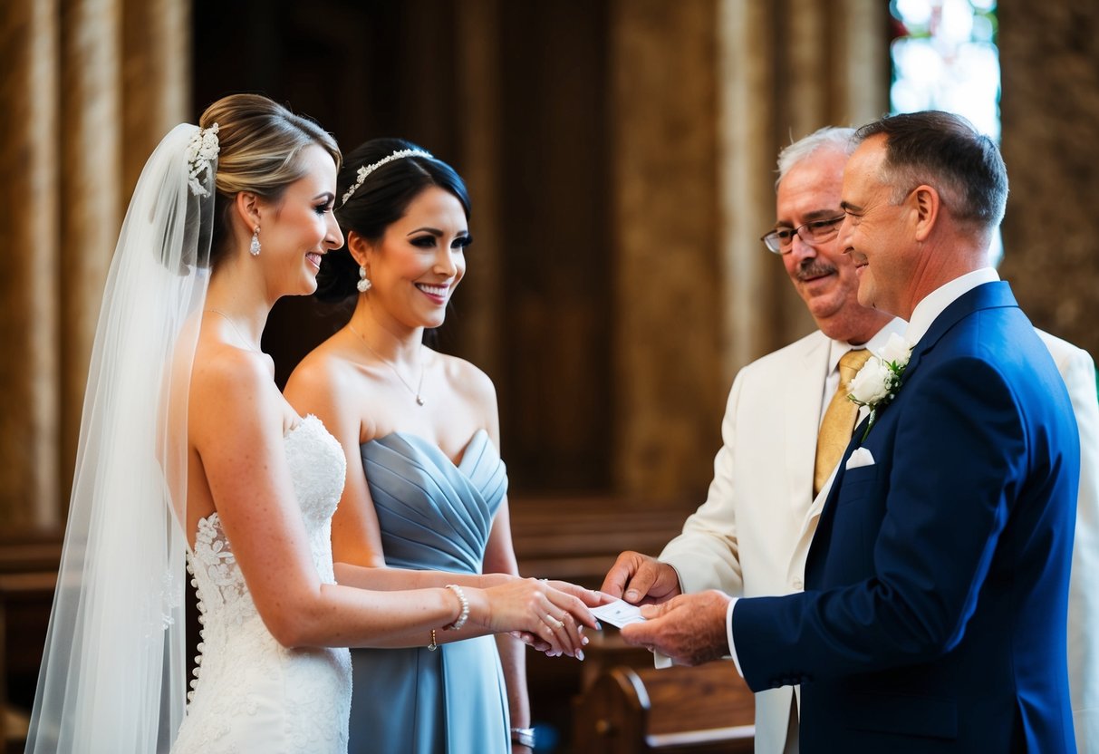 A bride and groom standing at the altar, exchanging rings while the father of the bride hands over a check to the groom's father
