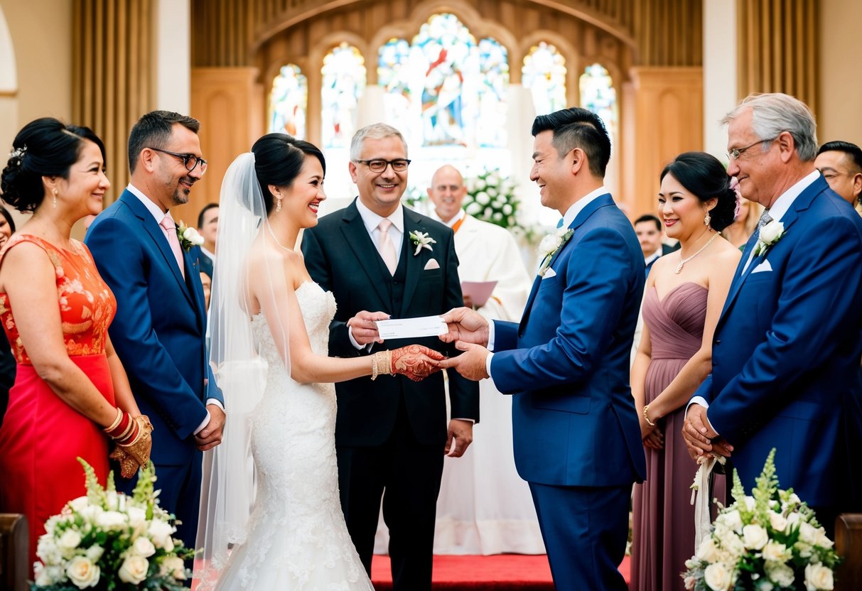 A bride and groom standing at the altar, surrounded by their families. The groom's family is seen handing over a check to the bride's family as a traditional gesture of financial support for the wedding