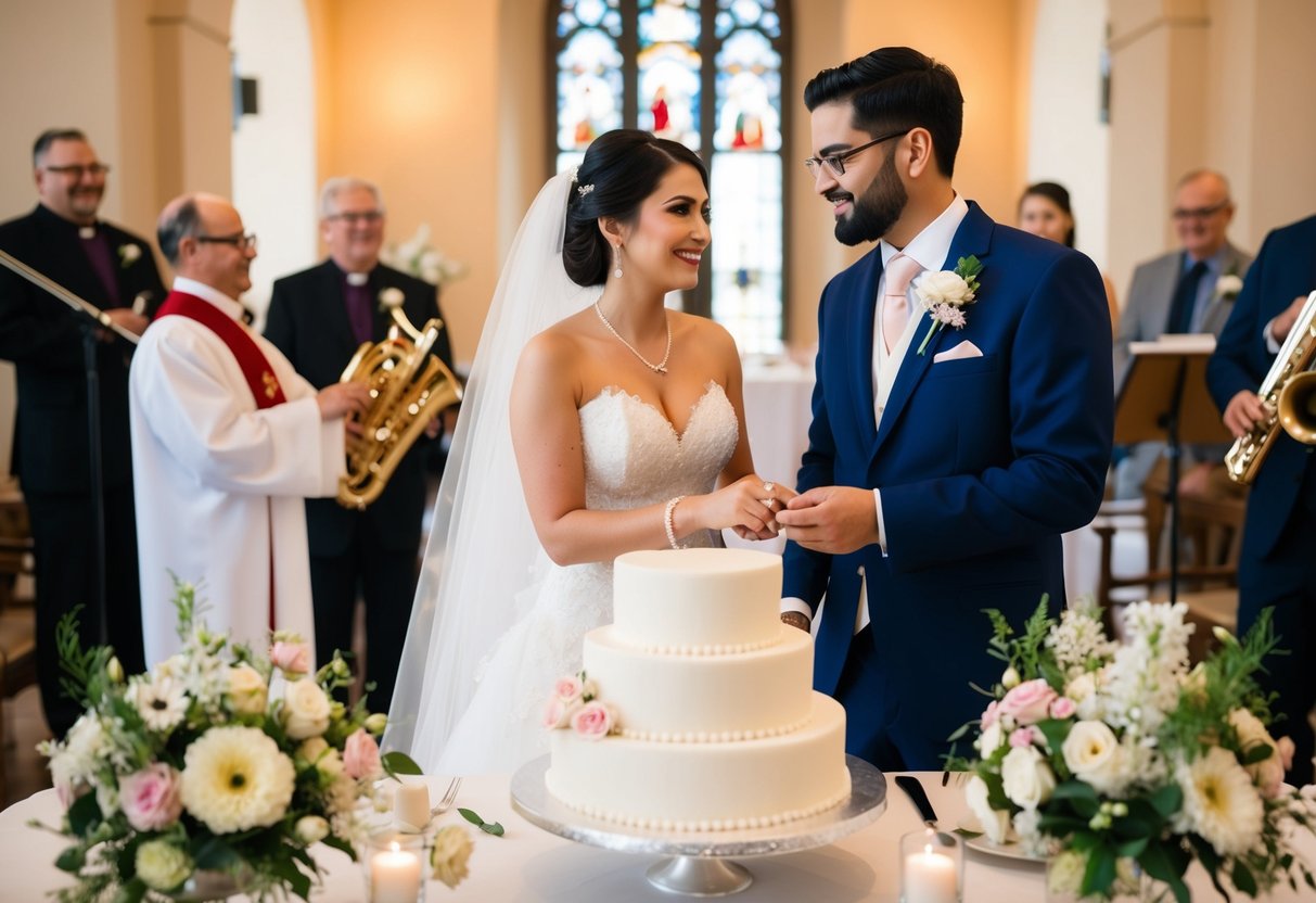 A traditional wedding scene with a bride and groom, surrounded by key elements such as flowers, a wedding cake, a band, and a priest