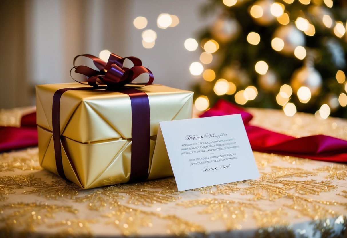 A beautifully wrapped gift and a wedding card resting on a decorated table