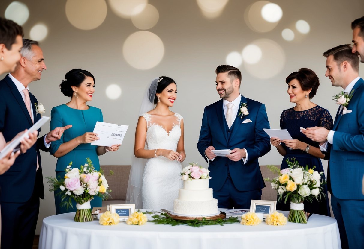 A bride and groom stand at a table surrounded by various items such as flowers, a cake, and invitations. Family members and friends approach, each holding a different item and discussing payment