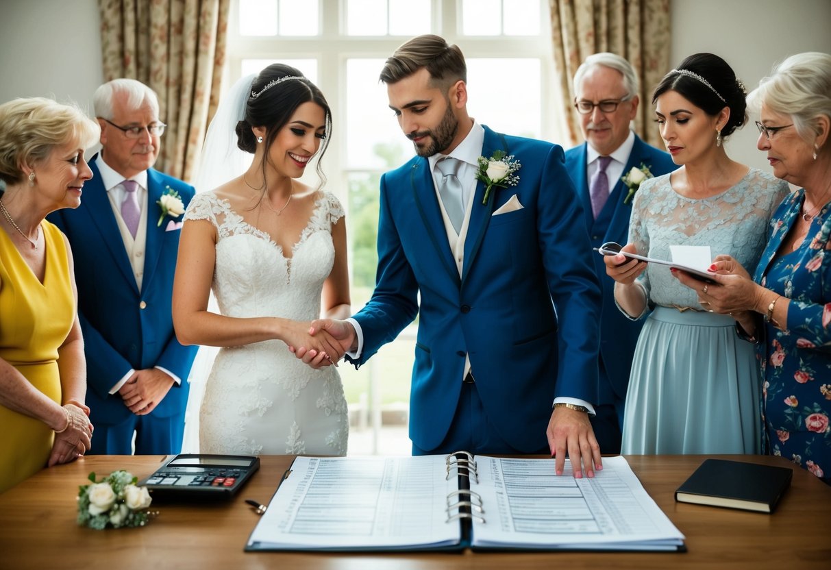 A bride and groom stand at a table with a financial ledger, dividing expenses for a traditional UK wedding. Family members look on, offering advice and support