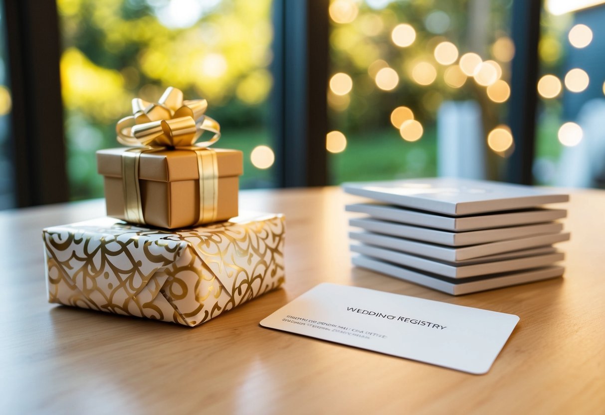 A beautifully wrapped gift card and a stack of wedding registry items displayed on a table