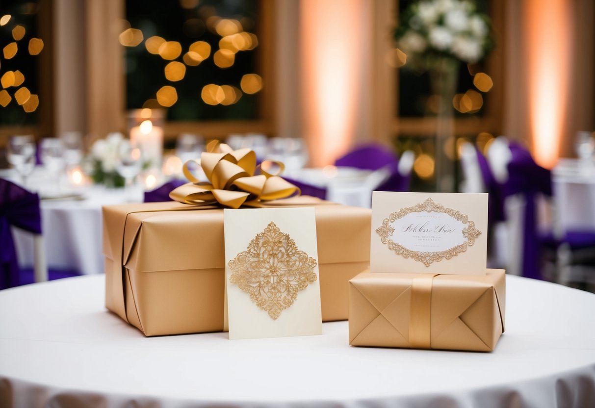 A beautifully wrapped gift and a decorative card on a table at a wedding reception
