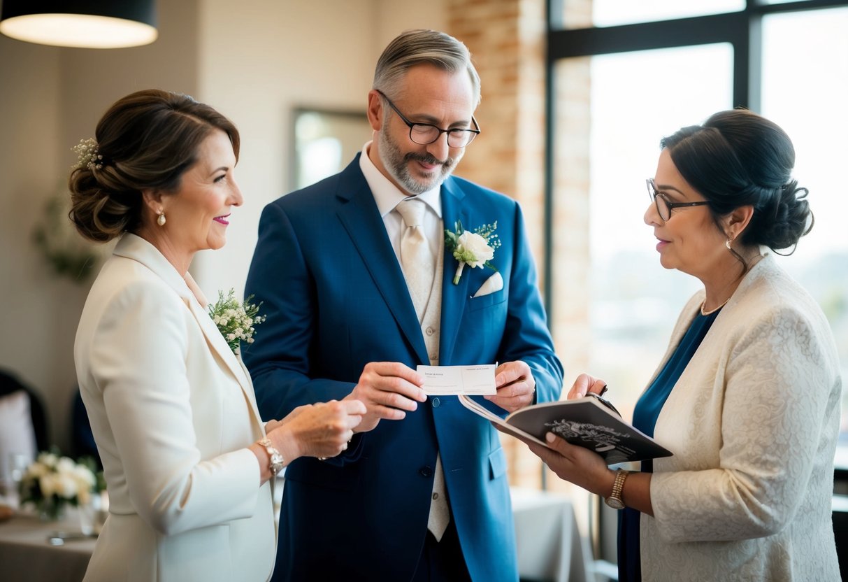 The father hands over a check to the wedding planner while the mother looks through a wedding magazine, discussing plans with the coordinator