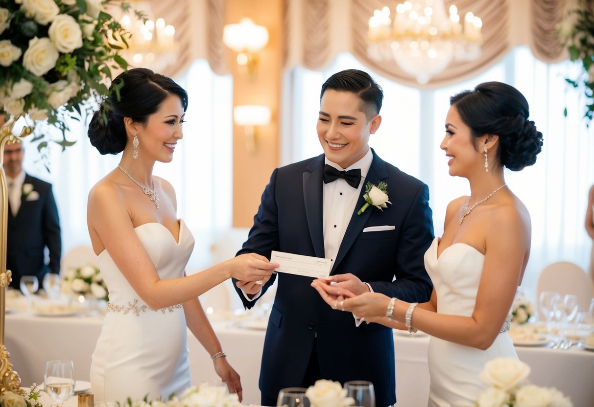 A wealthy couple hands over a check to a wedding planner, surrounded by opulent decorations and a lavish banquet table