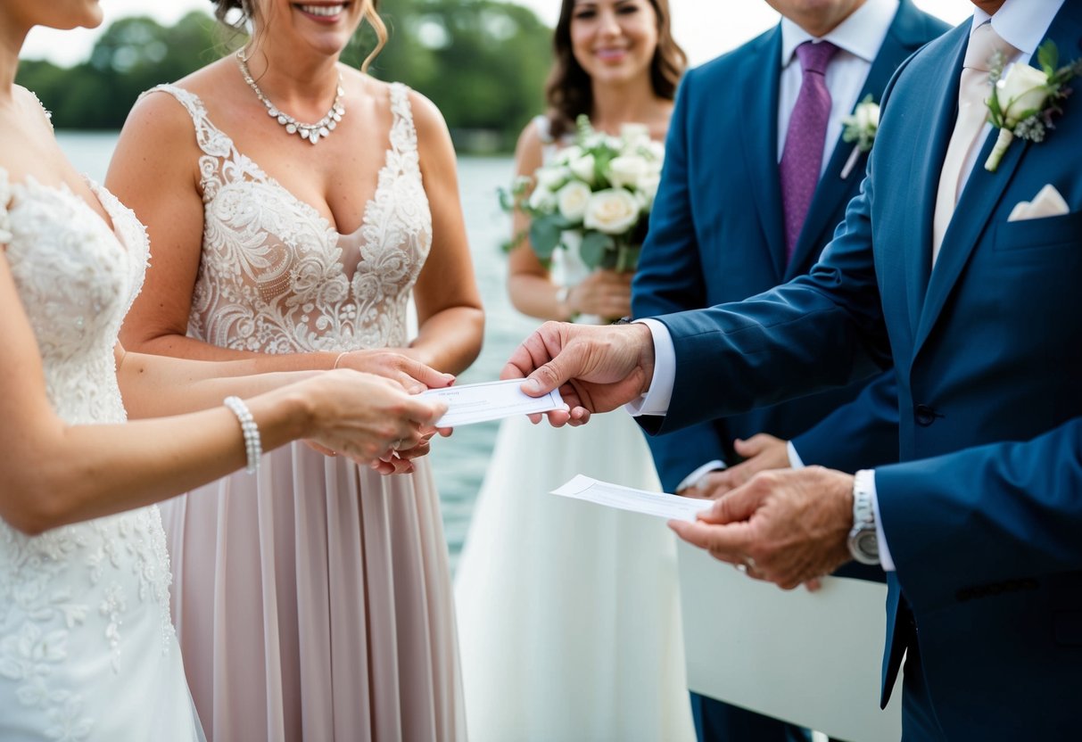 A bride's parents handing over a check to a wedding planner, while the groom's parents look on