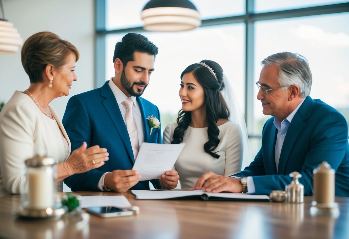 A couple discussing wedding expenses with their parents