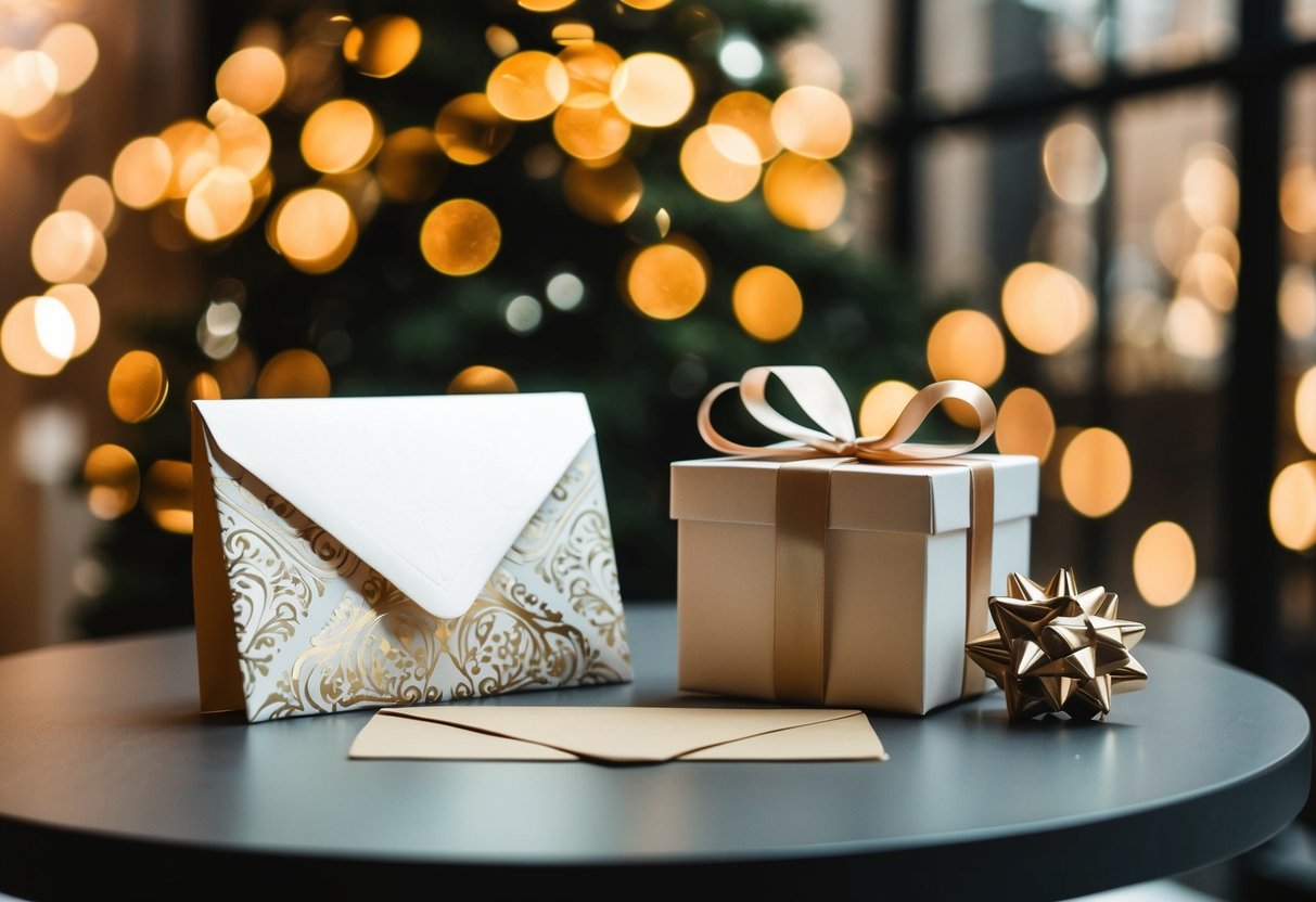 A table with a decorative envelope and a gift box with a ribbon