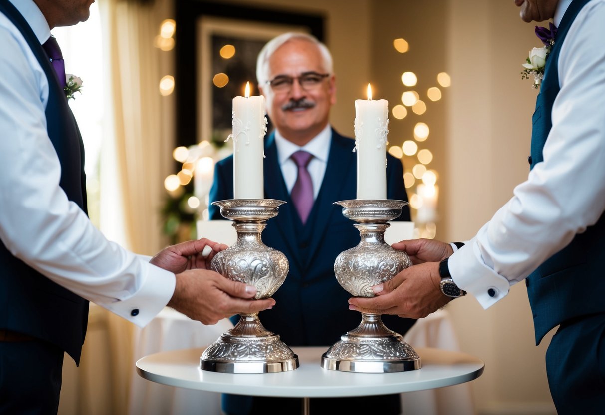 The groom's parents present a pair of ornate silver candlesticks as a wedding gift