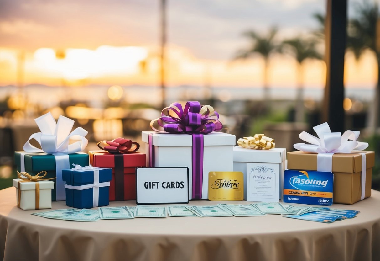 A table with various gift options for a wedding, including items such as cash, gift cards, and household items