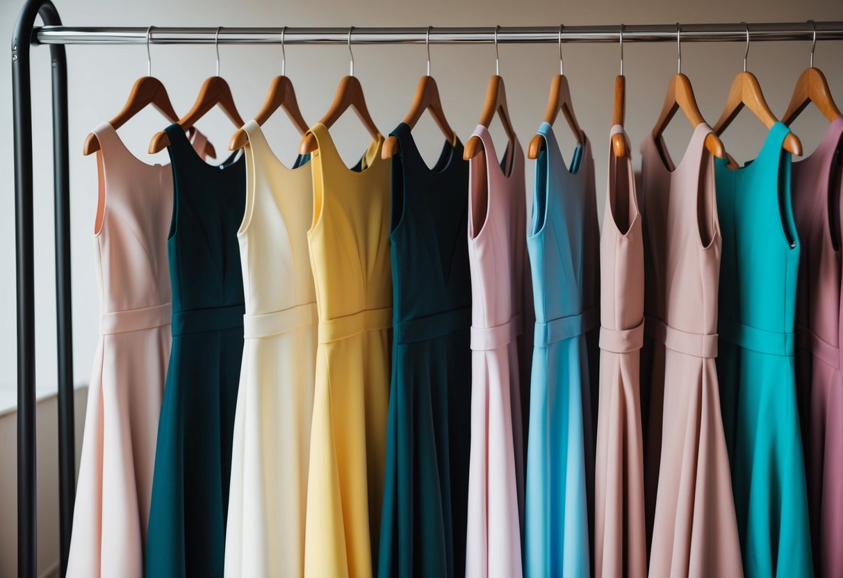 Two elegant dresses in the same color hanging side by side on a clothing rack