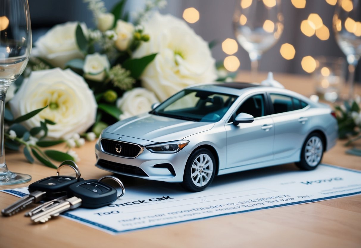 A check and a set of keys to a new car sit on a table, surrounded by elegant wedding decorations