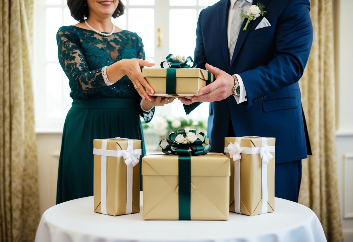 The groom's parents present a beautifully wrapped gift to the newlyweds, symbolizing their love and appreciation