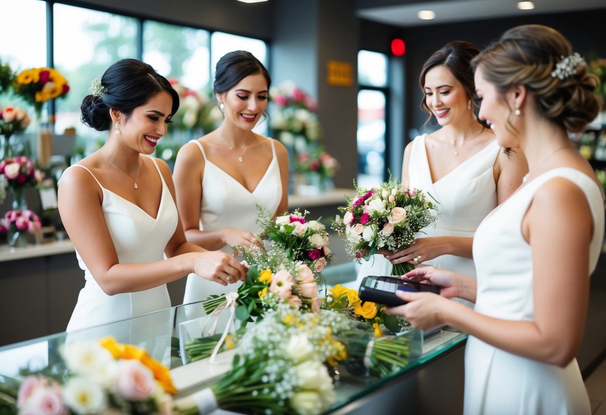 Bridesmaids selecting and paying for bouquets at a flower shop counter