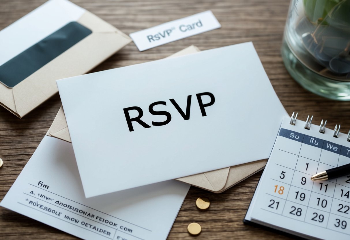 A blank RSVP card surrounded by unopened mail and a calendar with a missed deadline