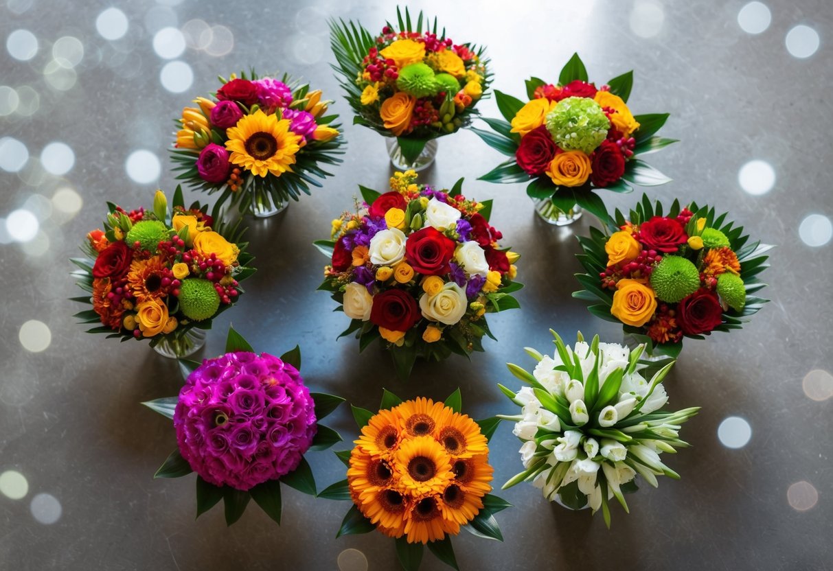 A group of colorful floral arrangements arranged in a circular pattern, each bouquet unique in its composition and style