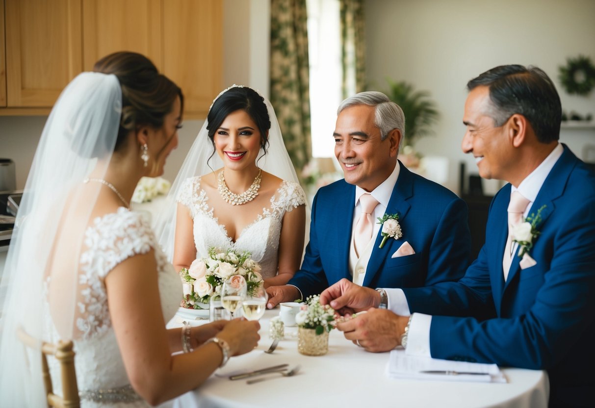 The bride's parents are expected to host and financially support the wedding. This could be depicted through a scene of the parents organizing and funding the wedding preparations