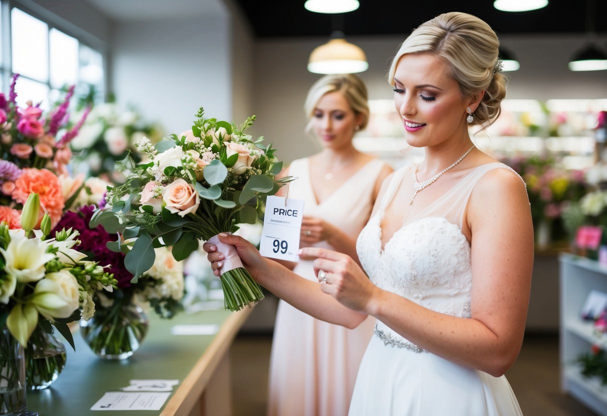A bridesmaid holding a bouquet while looking at a price tag in a floral shop