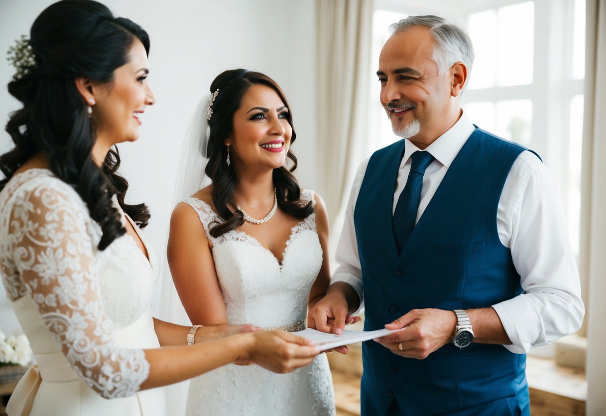 The bride's parents offering emotional and logistical support, such as helping with wedding planning and providing financial assistance